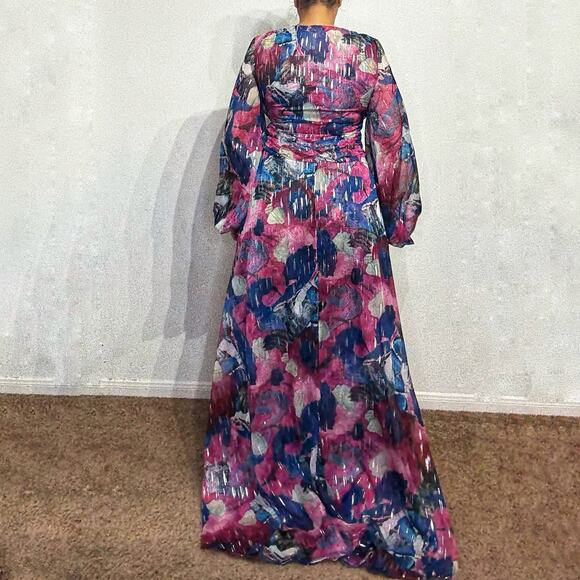 Adrienne Landau Floral Watercolor Draped High Slit Deep V Maxi Gown Sz 12 NWT - Picture 12 of 14